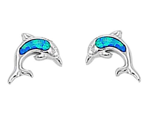 Simulated Opal Dolphin Stud Earrings Sterling Silver