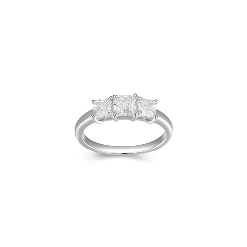 MORGAN & PAIGE .925 Sterling Silver Platinum or Yellow Gold Plated Princess-Cut Cubic Zirconia 3-Stone Engagement Rings for Women - Classic Sparkling Square-Cut Anniversary Sterling Silver Rings Women