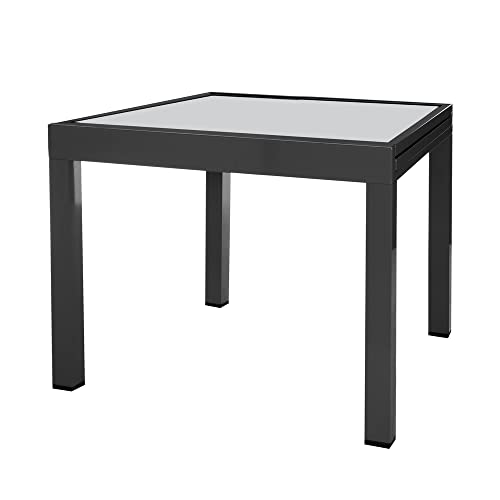 LOLAhome Mesa de Comedor Extensible para jardín Thais, Negra de 90x90 cm Extensible 180 cm, de Aluminio y Cristal Serigrafiado, Tratamiento Anticorrosión, Elegante y Duradera, para 6-8 Personas
