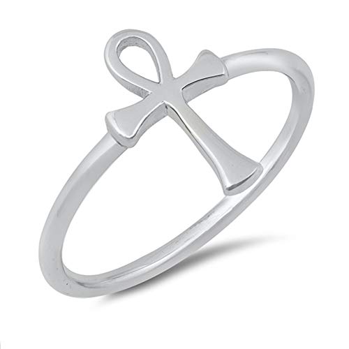 Simple High Polish Ankh Cross Loop Ring New .925 Sterling Silver Band Size 8