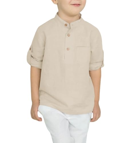 Image of Arshiner Boys Cotton Linen Henley Shirt Button Down Shirt Long Sleeve T Shirt Beach Shirt Tee Casual Solid Tops