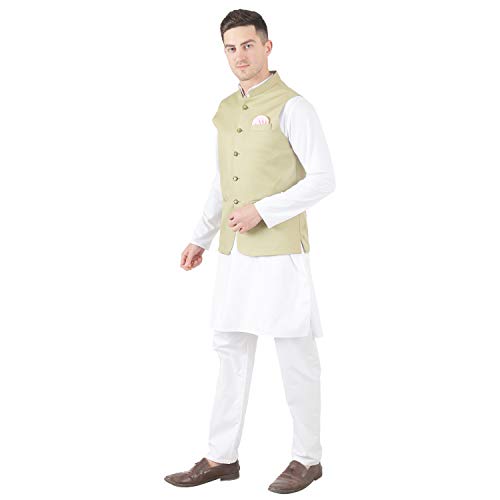 Image of TAHVO Men's Nehru Jacket /Waistcoat /Modi Jacket Cotton Fabric /Men 's 5 Button Nehru Jacket with Hanky Kurta Set