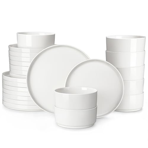 MALACASA 24 Pieces Porcelain Dinnerware Set, Modern White Dish Set for 8, Premium Serving Plates and Bowls Sets, Chip and Scratch Resistant Dishware Sets Kitchen Dishes Dining Ware Set, Series LEAH