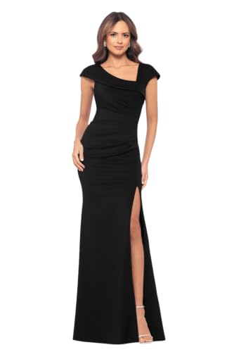 Image of Xscape Women's Long Boat Neck Bodycon Evening Gown with 3 /4 Sleeves, Side Ruching, & Cascading Ruffle
