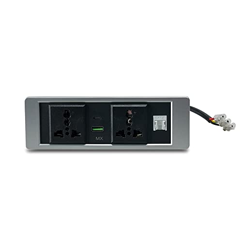 Image of MX Premium Power Console 16 Amp 6 Universal Sockets with 2 USB Charging Port Extension Board - with Removable Desk Clamp Power Strip Master Switch (Desktop Socket - 2AC + USB-A /C + CAT6 (Silver))