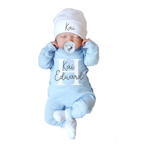 Personalized Newborn Coming Home Outfit,Custom Baby Bodysuit and Hat with Name,Newborn Long Sleeve Rompers (Style 2)