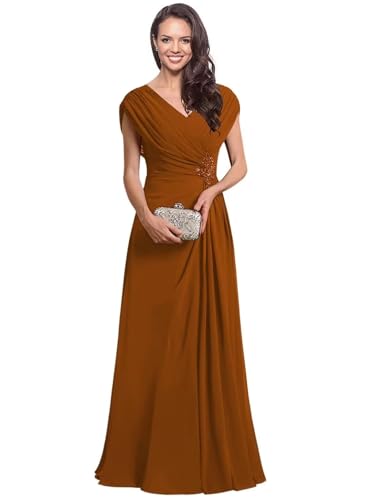 Cap Sleeves Mother of The Bride Dress for Wedding Chiffon Long Ruched A Line Formal Evening Dresses JH020
