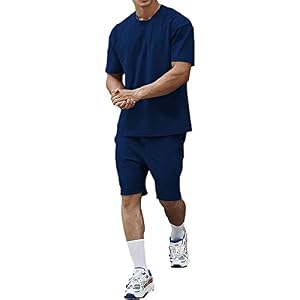 Mens katoenen ronde hals T-shirt en shorts set sport activewear trainingspak zomer 2 stuk casual outfits, koningsblauw, S