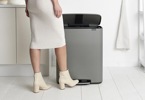 Image of Brabantia Bo Step-On Kitchen Trash Can with Single Compartment | Mineral Gray | 16 Gal Inner Bucket | Soft-Close Garbage Can, Light Pedal Operation, Stay-Open Lid | Fits Against Wall | + Trash Bags