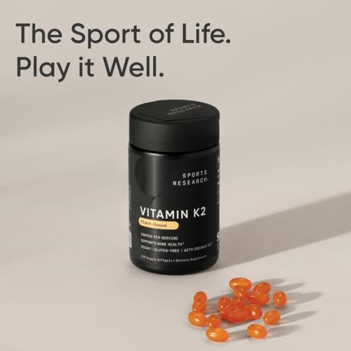 sports research vitamin k2 as mk-7 100mcg with coconut mct oil - 120 veggie softgels 4 month supply vegan certified non-gmo verified gluten amp soy free