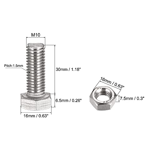 Image of uxcell M10 x 30mm Hex Head Screws Bolts, Nuts, Flat & Lock Washers Kits, 304 Stainless Steel Fully Thread Hexagon Bolts 8 Sets