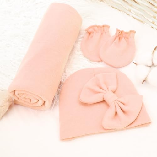 Image of AQOKKA Newborn Receiving Blanket with Bow Hat Mittens Wooden Card Set Newborns Toddler Baby Boy Girl Nursery Swaddle Wrap