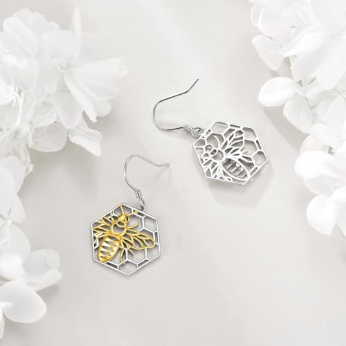 Image of LUHE Bee Earrings for Women 925 Sterling Silver Bumble Earrings with Honeycomb Honeybee Jewelry Dangle Gifts for Women