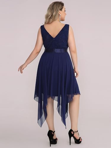 Image of Ever-Pretty Plus Women's V Neck Sleeveless Asymmetric Hem Lace Chiffon Short Summer Plus Size Wedding Guest Dresses Navy Blue US20