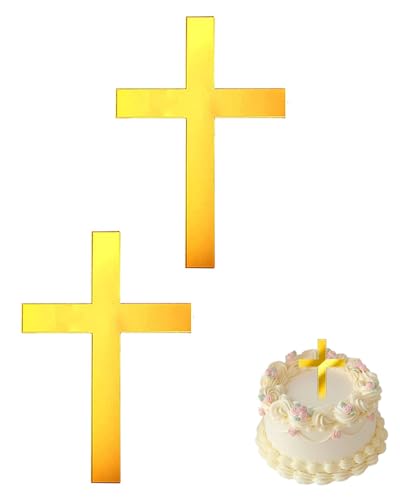 WINXMIN 2 Pcs Decoración de Cruz para Tarta, Decoración Acrílica de Cruz para Pastel Cumpleaños Fiesta Oro, Cartel Cruz para Pastel, Cake Topper Cupcakes Decoración,Santa Comunión, Bautismo