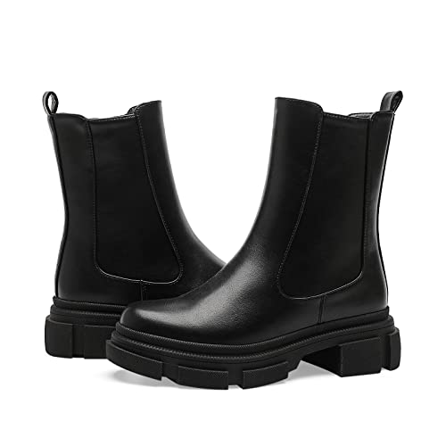 Zaynsia Wide Mid Calf Chelsea Boots For Women Leather Lug Sole Platform Combat Booties Chunky Heel Flat Non-Slip Boots #TOP2