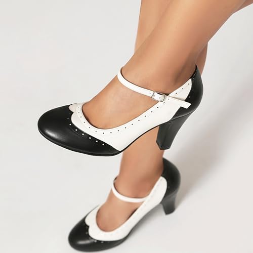 Women's Mary Jane Wingtip Rockability Oxford Two Tones Close Round Toe Vintage 1950s Heels Ankle Straps Retro 1920s Victorian Pumps Shoes3
