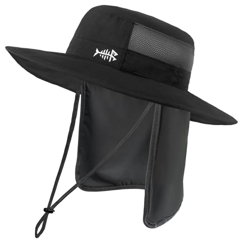 BASSDASH UPF 50+ Sun Fishing Hat Water Resistant with Detachable Neck Flap Black