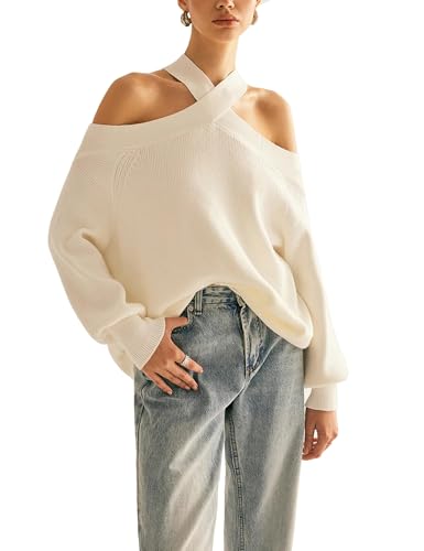 Women Halter Cross Over Collar Shoulder Sweater Loose Fit Solid Color Knit Tops