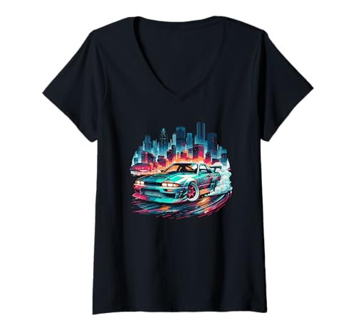 Womens Drift Racing Sports Car Graphic V-Neck T-Shirt
