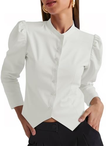 Tankaneo Womens Puff Sleeve Button Down Shirts Cropped Mock Neck Fitted Tops Fall Dressy Casual Cotton Blouse