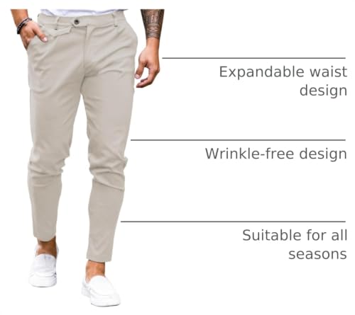 Image of Mens Chinos Slim Fit Pants Stretch Tapered Dress Pant Casual Trousers | Skinny Slacks, Flat Front Design, Stretch Cotton Fabric, Solid or Plaid, Work Dress Pants, Business Casual Wear