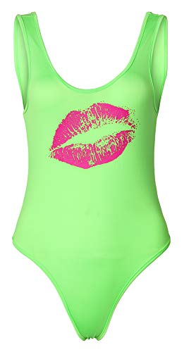 Smile Fish Women's 80s Costumes Lips Printed Retro High-Cut Low Back Bodysuits Neon