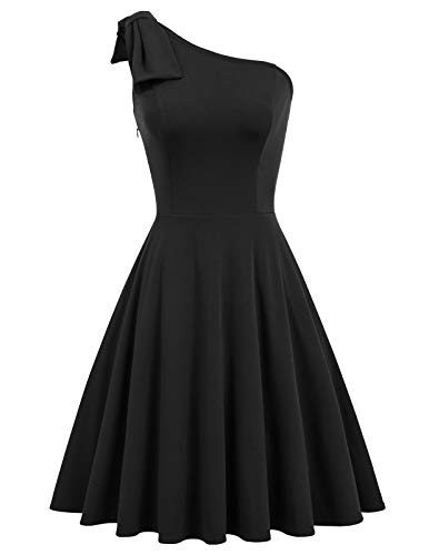 Jasambac Black Bow One Shoulder Dress For Women Party Formal Cocktail Dress For Wedding Guest Swing Dress Black S #TOP4