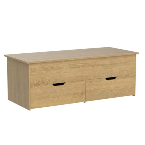 Home Source Lift Up Top Living Room Coffee Table, Pivoting Lid, Locking Support, 2 Large Storage Drawers, Oak Effect Finish