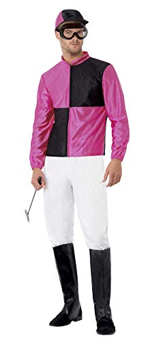 Smiffys, Heren Jockey kostuum, broek, overlaarzen, helm en veiligheidsbril, maat: L, 20478 Large zwart en roze.