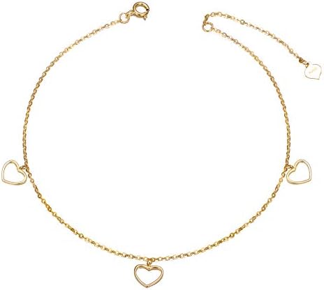 14K Gold Anklets for Women, Yellow Gold Heart Ankle Chain Bracelet Love Jewelry for Her, Girls， 8"-10"