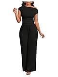 WDIRARA Women's 2 Piece Outfits Short Sleeve One Shoulder Tee Straight Leg Pants Set Black Medium