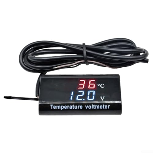 Termómetro digital LED voltímetro con pantalla dual de 0 28 pulgadas para detección de voltaje y temperatura de batería de 12 V CC en vehículos con funda impermeable (rojo azul)