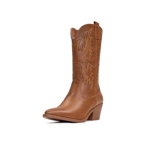 IUV Cowboy Boots For Women Western Boots Cowgirl Boots Pull On Pointy Toe Mid Calf Boots Cover