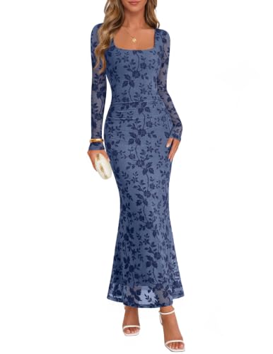 MEROKEETY Womens Fall Wedding Guest Long Sleeve Maxi Dress, Dustyblue, S