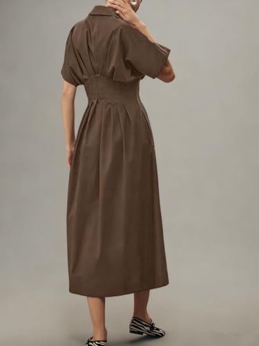 Image of Yeokou Shirt Dress for Women Summer Casual Short Sleeve Button Down Loose Pleated Maxi Sundress with Pockets