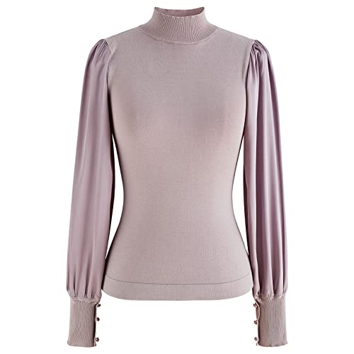 Image of CHICWISH Women's Mock Neck Satin Spliced Bubble Sleeves Knit Top