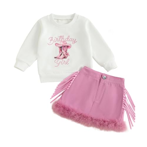 Western Baby Girl Clothes Birthday Girl Letter Sweatshirt Tassel A Line Skirt with Fuzzy Feather Trim Cowgirl Outfit