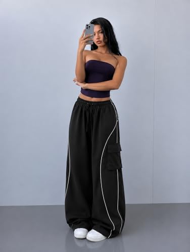 Image of Parachute Baggy Track Pant for Women | Korean Style Loose Fit Wide Leg Cargo Pockets | Piping Casual Trouser