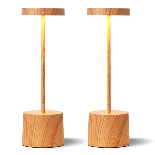 PreeOtti Rechargeable Lamp Set of 2, Cordless Lamps, Battery Operated Lamp with 3 Color Stepless Dimming, Wireless Table Lamps for Bedroom, Dining Room, Restaurant, Patio, Camping - Wood Grain
