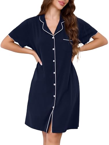 Vlazom Women Nighties Button Down Cotton Nightdress Boyfriend Style Sleepshirt Relaxed Nightshirt Hospital/Maternity/Nursing/Labour Nightgown with Pockets Navy Blue XXL