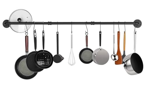 Melody House Kitchen Rail Rack with 10 S Hooks 47.2 inch Utensil Rack Wall Mounted Multi Functional Detachable Industrial Pipe Pot Rack Hanging Utensil Holder for Utensils Set and Cookware Black