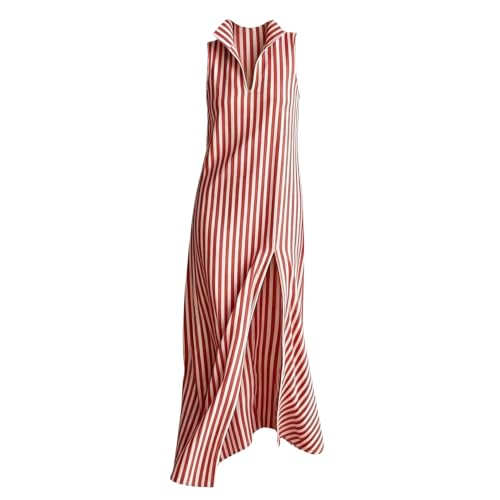 Robe longue sans manches avec col en V et fente rayée fluide