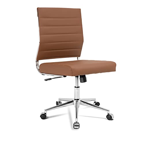 Office Chair Ergonomic Desk Chair, Mid Back Armless Ribbed Swivel Task Chair, Adjustable Height Pu Leather Home Desk Chair With Lumbar Support, Modern Leather Computer Chair For Small Spaces. (Brown) #TOP22