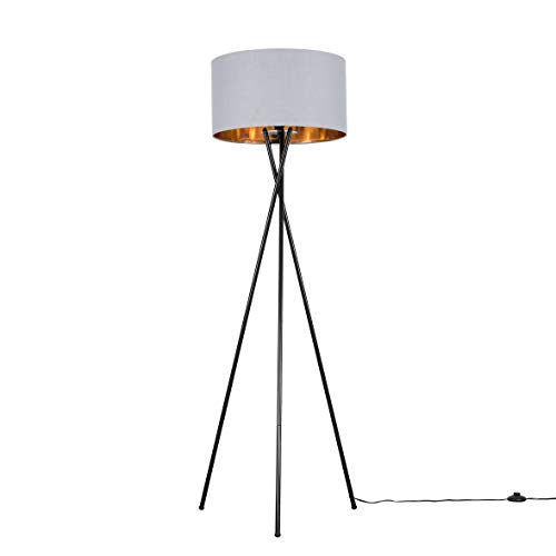 Modern Gloss Black Metal Tripod Floor Lamp with a Grey & Gold Cylinder Shade - Complete with a 6w LED Bulb [3000K Warm White]