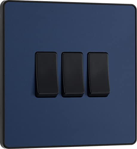 BG Electrical Triple Wall Light Switch, 2 Way, Screwless Front Plate, Round Edges, Evolve, Matt Blue, 20A, 16AX, PCDDB43B