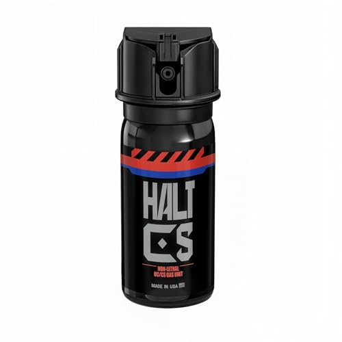 HALT CS (2oz) OC/CS Gas Tear Gas – Maximum Strength OC/CS Gas Pepper Spray for Self Defense – Tactical Protection – 10ft Range (Flip-Top-Safety)