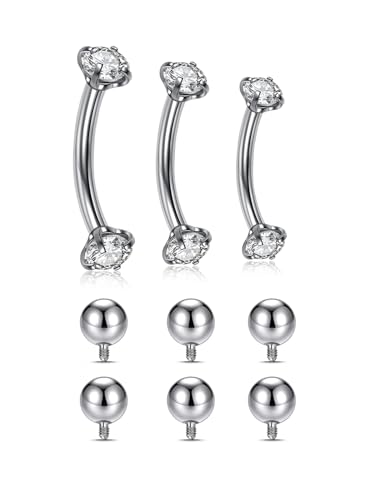 PiercingJ 16G 6-10MM Stainless Steel Cubic Zirconia Internally Thread Curved Barbell Eyebrow Vertical Labret Lip Bars Piercing Jewelry with Replacement Balls