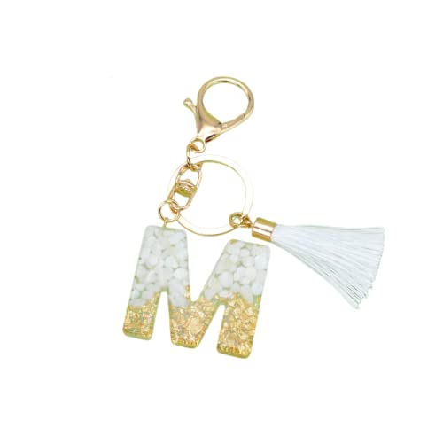 Joli porte-clés en résine avec pompon blanc de l'alphabet de A à Z pour femme, pendentif en forme de lettre initiale, accessoires de sac, m, taille unique Cover