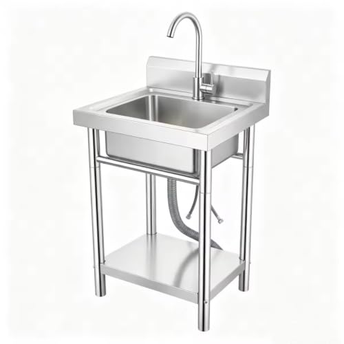Free Standing Utility Sink, Freestanding Stainless Steel Utility Sink with Single Bowl, 34" High Heavy Duty Laundry Sink for Garage, Basement, Outdoor Backyard, Tool & Pet Cleaning.